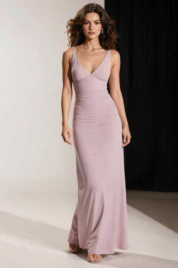 Simple Light Pink Sheath V Neck Long Evening Dress
